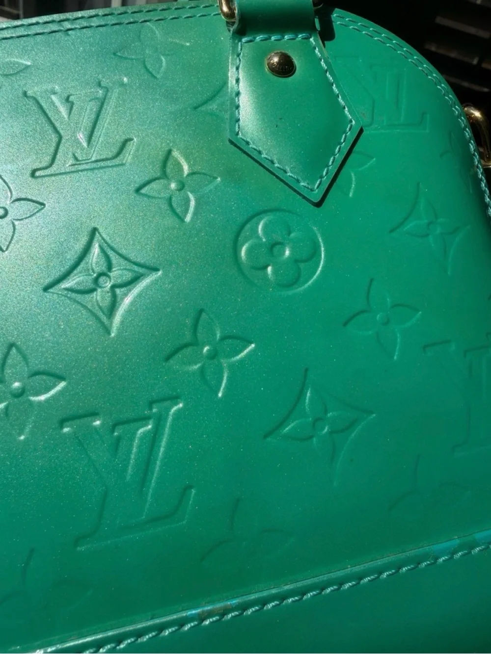 Louis Vuitton Turquoise Alma BB Vernis Satchel with Strap